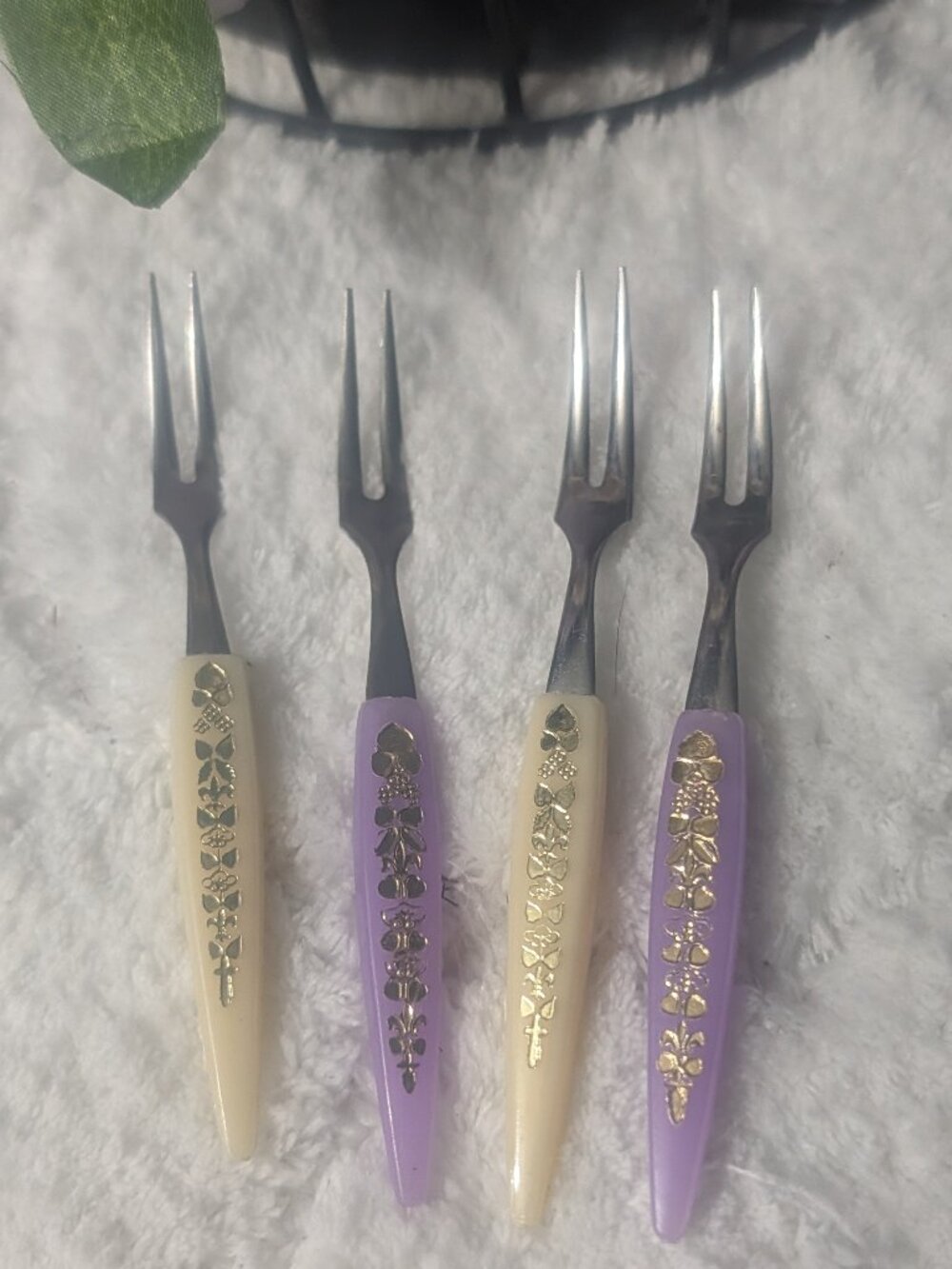 Vintage Mid Century Cocktail Forks Set 4 Stainless Japan Purple Cream Gold